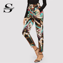 Load image into Gallery viewer, Sheinside Paper-bag Waist Chain Print Pants Female Belted Trousers Women OL Work Ladies Elastic Waist Casual Pants &amp; Capris