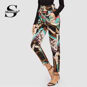 Sheinside Paper-bag Waist Chain Print Pants Female Belted Trousers Women OL Work Ladies Elastic Waist Casual Pants & Capris