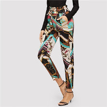 Load image into Gallery viewer, Sheinside Paper-bag Waist Chain Print Pants Female Belted Trousers Women OL Work Ladies Elastic Waist Casual Pants &amp; Capris