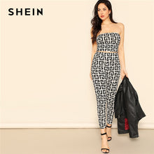 Load image into Gallery viewer, SHEIN Black and White Sexy Greek Fret Print Strapless Crop Top and Leggings Sets Women Summer High Street Fitted Two Piece Set