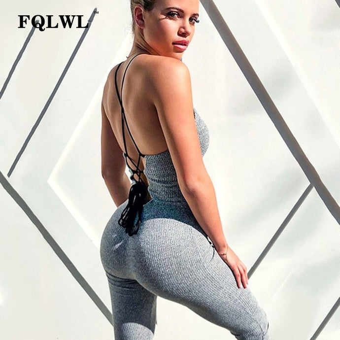 FQLWL Backless Skinny Bandage Jumpsuit Women Black Pink Knitted Bodycon Sexy Jumpsuits Female Overalls Rompers Womens Jumpsuit